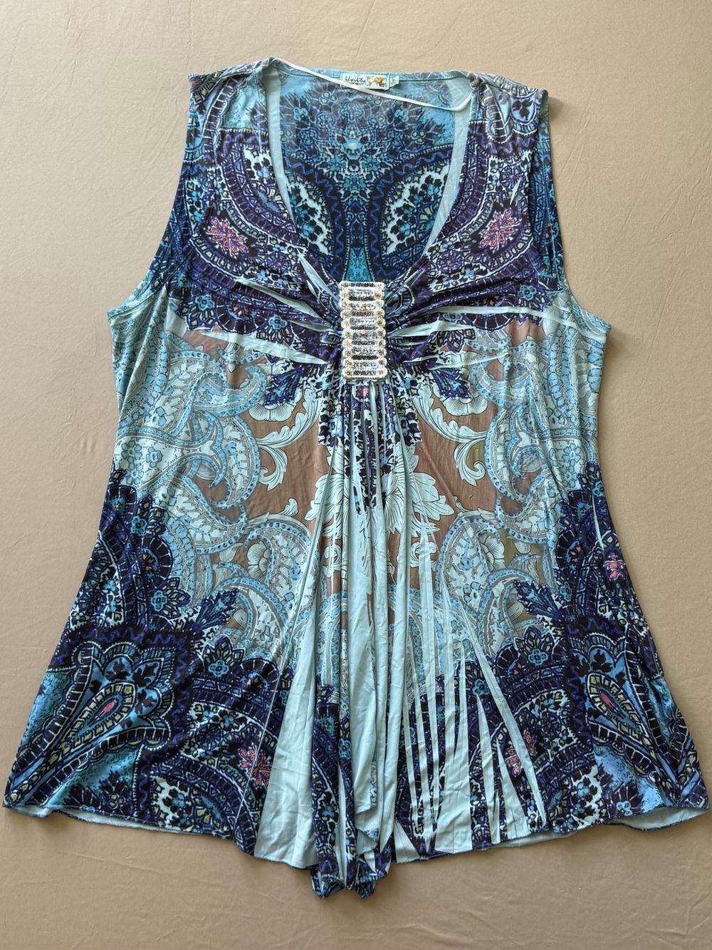 Y2K Era Unity World Wear paisley brocade printed beaded tunic tank top